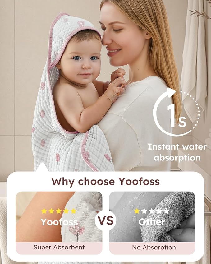Yoofoss Hooded Baby Towels for Newborn 2 Pack 100% Muslin Organic Cotton Baby Bath Towel with Hood for Babies, Infant, Toddler and Kids,37.5“x37.5“, Soft and Absorbent Newborn Essential,Pink&WhiteLeaf