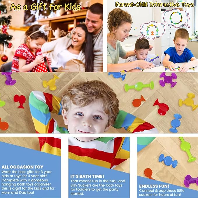58 Piece Suction Fun Sticky Toy Set with Storage Bin, BPA Free Silicone, Stimulating Sensory Travel Bathtub Window Toys for Kids Boys Girls, Medium