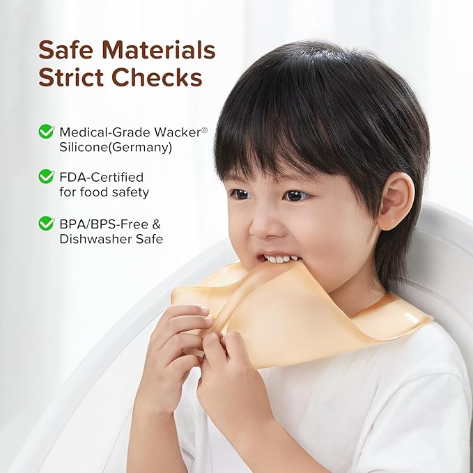 thyseed Ultra Thin & Light Waterproof Silicone Bibs for Babies Eating Toddler Feeding Silicon Food Catcher with Large Pouch