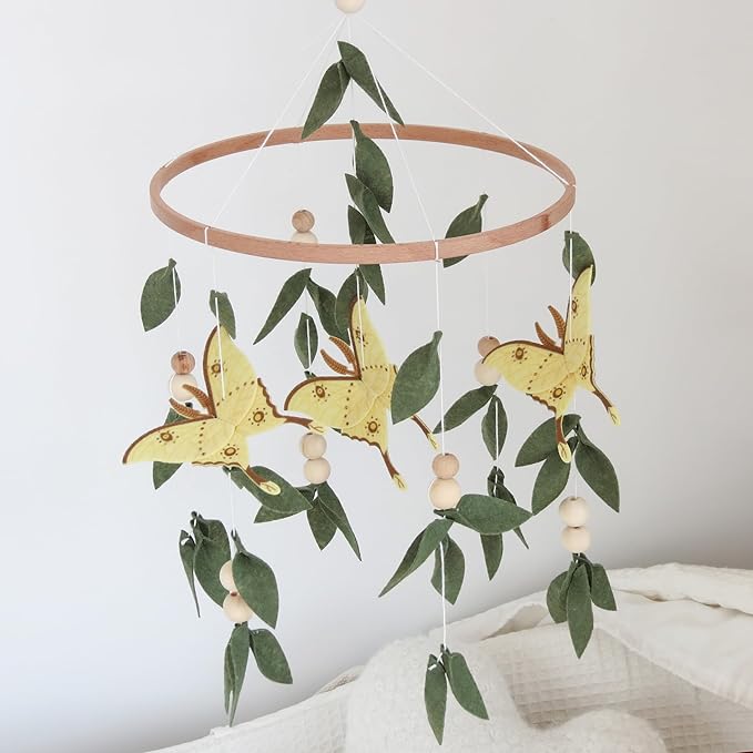 Forest Crib Mobile for Girls Boys, Yellow Butterfly & Green Leaves Baby Mobile for Crib, Butterfly Mobile for Crib Girl, Forest Nursery Mobile