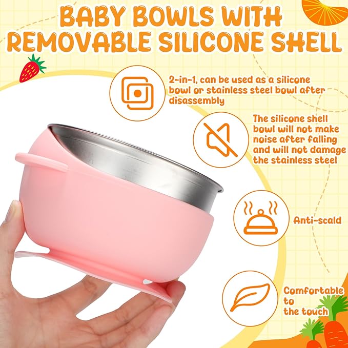 Nuogo 6 Pcs Stainless Steel Baby Bowls with Removable Silicone Shell 304 Toddler Bowls Kids Anti Scald Snack Container for Food Feeding, Dishwasher Safe(Cute Color,Suction-d)