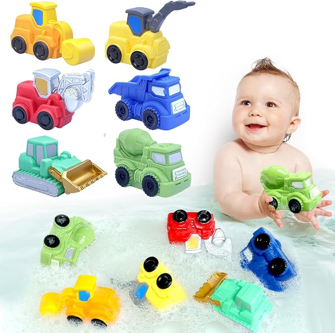 Vehicle Floating Bath Toys 6 Pack Mold Free Infant Bath Tub Toys - No Hole Bathtub Toys for Toddlers 1-3 Water Pool Toys for Baby Toddler Ages
