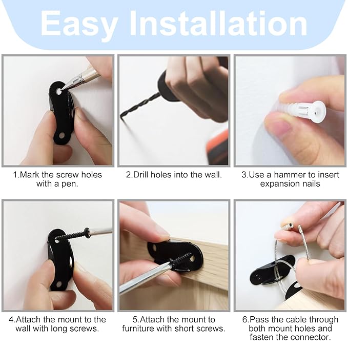 Furniture Anchors for Baby Proofing, Anti Tip Furniture Anchor Securing 420lbs Tension Earthquake Resistant Metal Furniture Wall Anchor Prevent Baby Pet from Falling Furniture（6 Pack，Black）