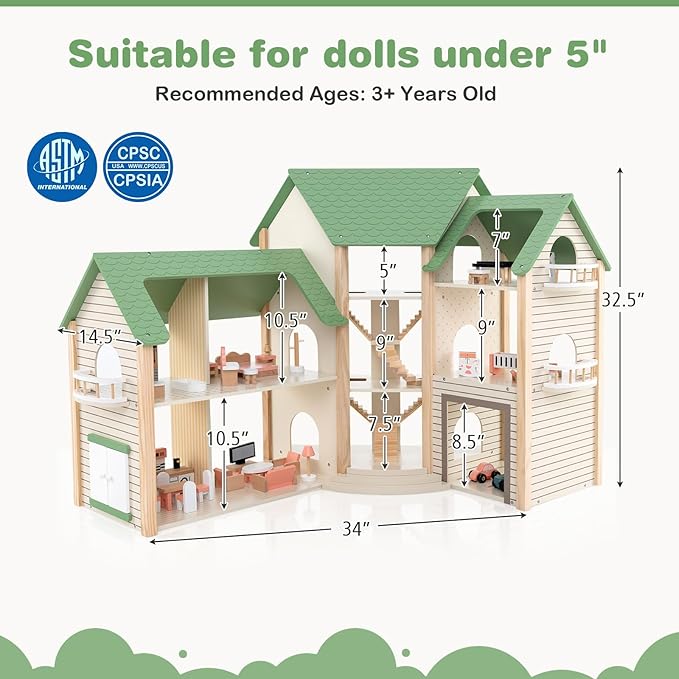 Costzon Wooden Dollhouse for Kids, 3-Story Luxury Doll House with 36 Pieces Furniture Accessories, 7 Rooms, Stairs & Balcony, DIY Pretend Dollhouse Playset, Gift for Girls Toddlers Ages 3+ (Green)