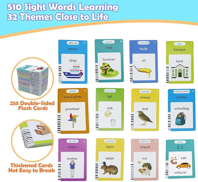 MAYAPHILOS English and French Talking Flash Cards with 510 Sight Words Learning Educational Toys to Learn French Pocket Speech Audible Flashcards for Toddlers