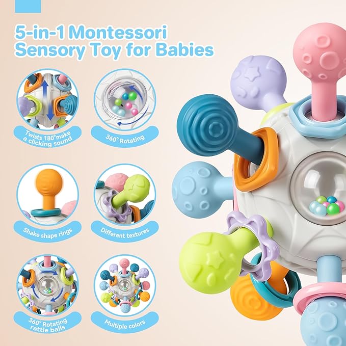 SpringFlower 0-3-6-12 Months Baby Toys, 5 in 1 Montessori Toys for Babies, Teething Toy & Stacking Building Block & Ring & Silicone Pull String, Sensory Development Baby Infant Toy, Gift for Babies