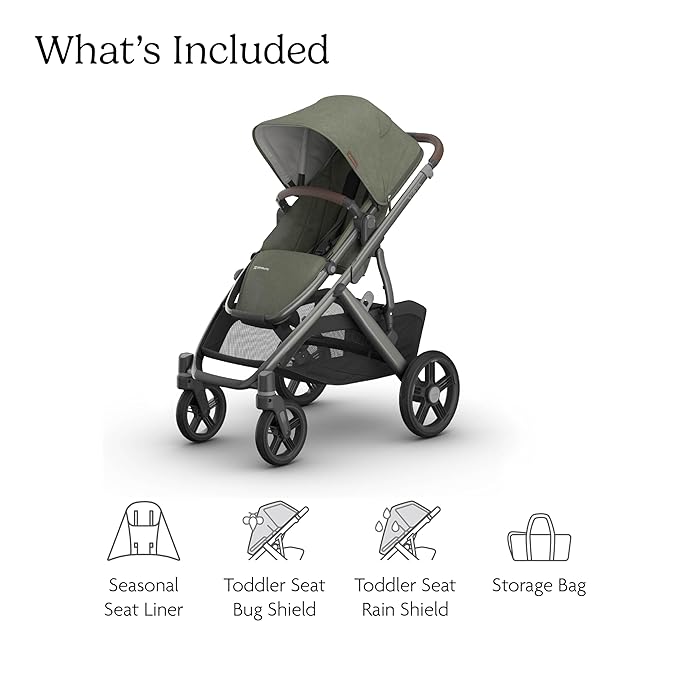 UPPAbaby Vista V3 Stroller - Full-Size Single-to-Double Stroller System - Toddler Seat, Bug Shield, Rain Shield, and Storage Bag Included - Evelyn (Meadow Green/Graphite Frame/Chestnut Leather)