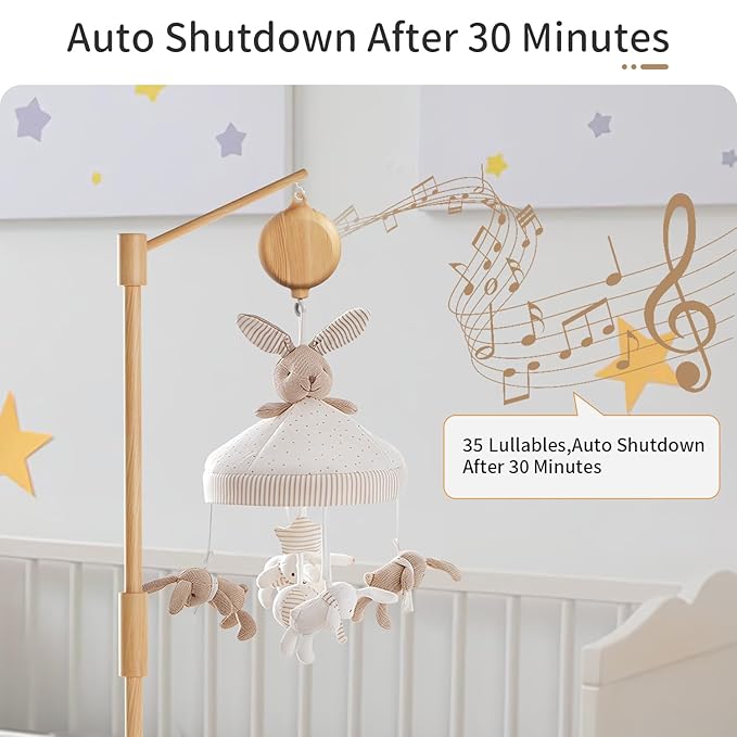 FEISIKE Baby Crib Mobile Arm with Music Box Spin Motor, 57.4 Inch Mobile Arm for Crib Wooden Nursery Decor Hanger Holder for DIY Mobile