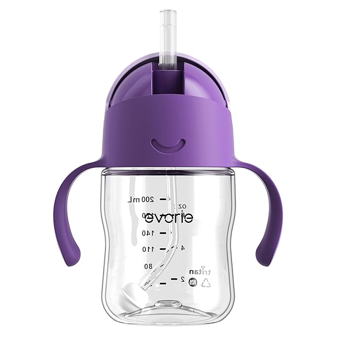 Evorie Tritan Weighted Straw Sippy Cup with Handles for Baby and Toddlers, Spill Proof Baby Water Bottle with Straw for 6 months and up, 7 Oz, Infant Training Water Bottle (Ube)