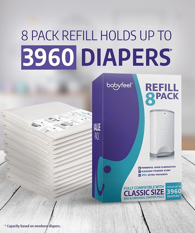Babyfeel Refills Compatible with DEKOR CLASSIC Diaper Pails | 8 Pack | Exclusive 30% Extra Thickness | Diaper Pail Refills with Powerful Odor Elimination | Powder Scent | Holds up to 3960 Diapers