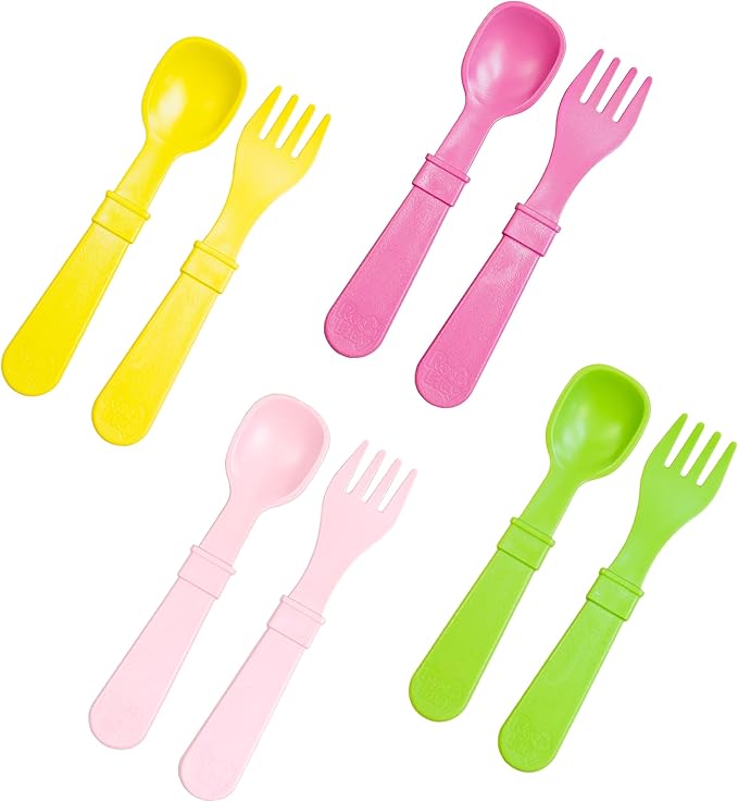 Re-Play Toddler Forks and Spoons Set - 4x4 Toddler Utensils Set - Dishwasher and Microwave Safe - Made in USA - Pack of 8-5.8" x 1.2" x 0.2" - Tulip