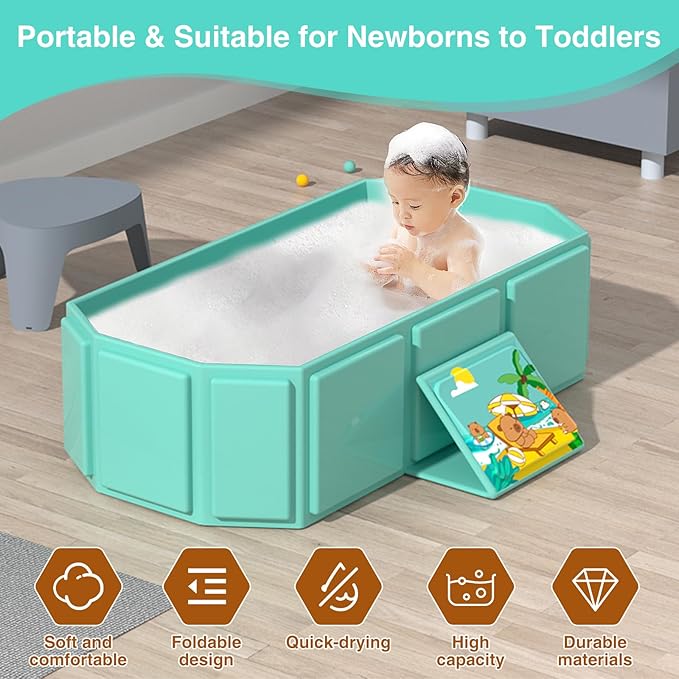 Portable Folding Baby Bath Tub, 29.5L x 17.7W x 9.8H inches, Suitable for 0-6 Years, Pink/Mint Green (Green)