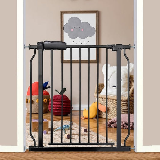 29-34 Inch Baby & Dog Gate, Pressure Mounted Auto Close, Walk Through Safety Gate for Narrow Stairs & Hallways, Black Heavy-Duty Metal - Kids & Pets