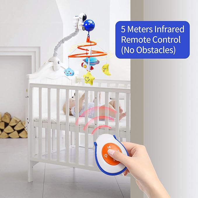 Baby Crib Mobile with Music and Lights, Space Baby Mobile for Crib with Remote Control, Spaceman Nursery Decor Hanging Plush Crib Toys for Newborn Boys and Girls Infant Babies 0-6-12 Months