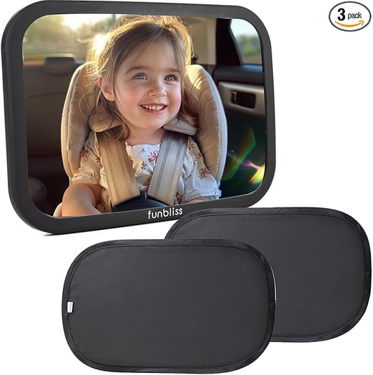 Funbliss Bar Mirror for Baby + 2 Pack Car Window Shades Bundle (19″ × 12″), UPF 50+ Window Shade for Baby in Car, 360° Rotation Fully-Adjustable Straps