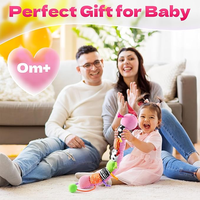 HEMRLY Baby Sensory Toy 0-6 Months, Musical Stuffed Caterpillar Plush with Teether, Crinkle, Rattle, Baby Mirror for Tummy Time, Infant Car Seat Toy for 0-3-6-12 Month Boys Girls Gifts - Knotted Pink