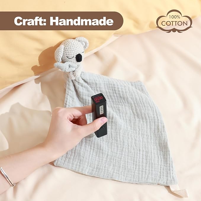 Hand Knit Koala Baby Blanket - Cute Educational Plush Doll and Baby Rattle, Soothing Toy.