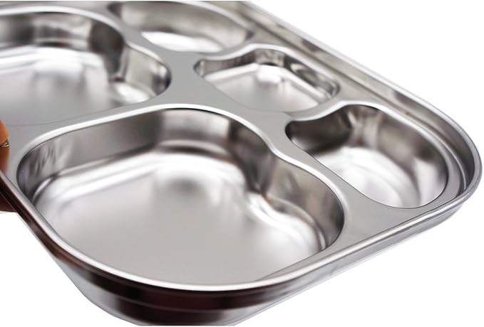 Korean Stainless Steel Divided Plates by KS&E, Little Kids Toddlers Babies small Tray, BPA Free, Diet Food Control, Compact Serving Platter, Snack, 5 Compartment Plate Silver, Set of 2