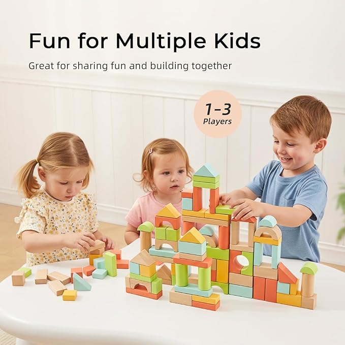 100pcs Wooden Blocks for Toddlers 1-3, Building Blocks for Toddlers 1-3, Wooden Block for Baby Shower with Storage Bucket, Montessori Toys for Preschool Girls and Boys