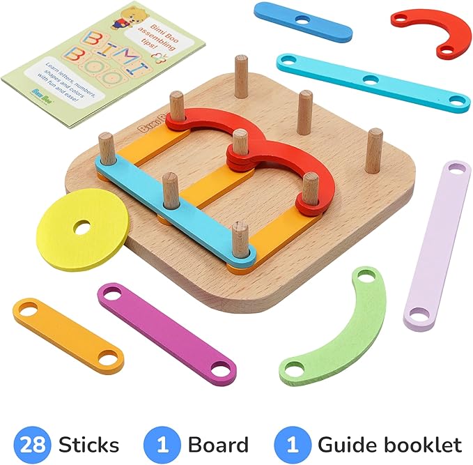 Bimi Boo Construction Activity Set: Premium Wooden Stacking Letters, Numbers, Shape Sorter Peg Board for Toddlers, Learning ABCs, Colors, Emotions (28 Sticks, 1 Board, 1 Guide Booklet)