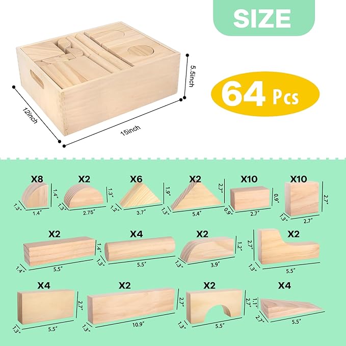 64-Piece Wooden Building Blocks with Storage Tray | Natural Wood Preschool Educational Toys for Toddlers Ages 3+ | Ideal Gift for Boys & Girls