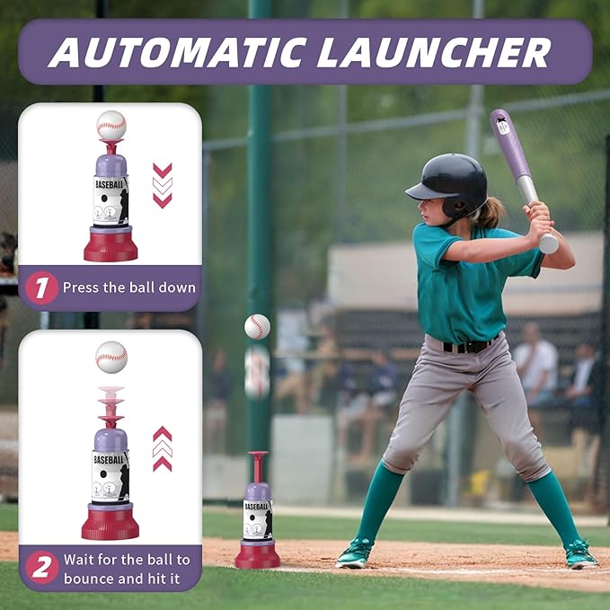 3-in-1 T Ball Set - Adjustable Height, Hanging Tee Ball Set with Automatic Pitching Machine/6 Balls/Retractable Bat, TBall Stand Suit for Outdoor, Sport Toys Gifts for Kids Girls Age 3+