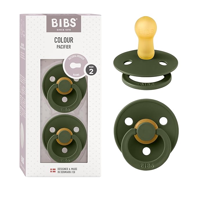 BIBS Pacifiers Colour Collection | Natural Rubber Baby Pacifier | Round Nipple | Set of 2 BPA-Free Soothers | Made in Denmark | 6+ Months (Pack of 2) | Hunter Green