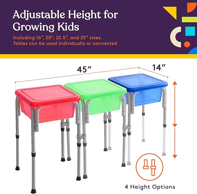 Special Supplies Sensory Activity Table for Kids and Toddlers -with Plastic Buckets and Beach Toys for Interactive Learning - Water, Sand, and STEM Play (Three Buckets - Green + Blue + Red)