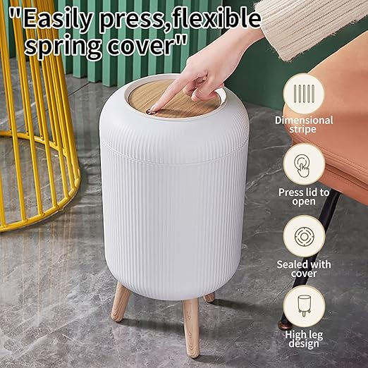 Trash Can With Lid for Bathroom, 2 Gallon/10 Liter Round Garbage Bin With Press Top, Plastic Modern Wastebasket With Soft Close, Container for Bedroom, Living Room, Office (White)