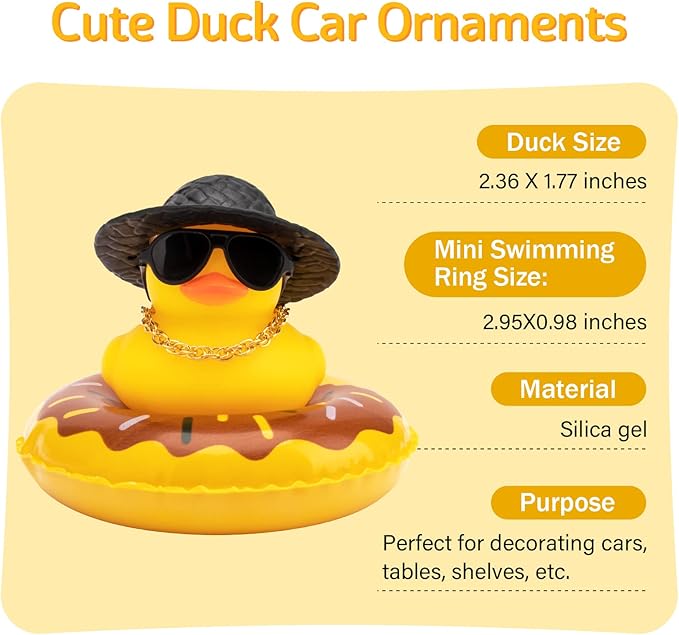 wonuu Car Rubber Duck, Yellow Duck Decoration Dashboard with Sun Hat Swim Ring Necklace Sunglasses for Car Dashboard Decorations