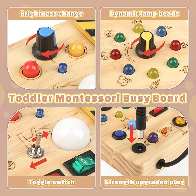 Joyreal Montessori Busy Board Wooden Sensory Toys for Toddler with LED Light Up Switch, Baby Fidget Board Travel Toys for 18+ Months, Boys Girls Birthday, Medium