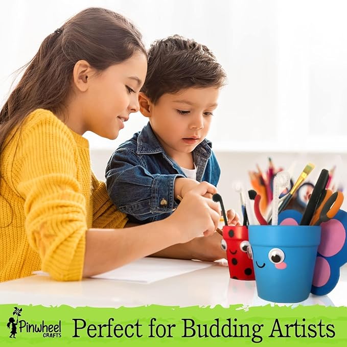 Pinwheel Crafts Flower Pot Painting Kit – Paint Your Own Kids Gardening Set with Seeds, Soil, 8 Paints, 2 Brushes & 3 Pots, DIY Plant Growing Kit for Kids Ages 8-12+, Kid Gardening Set