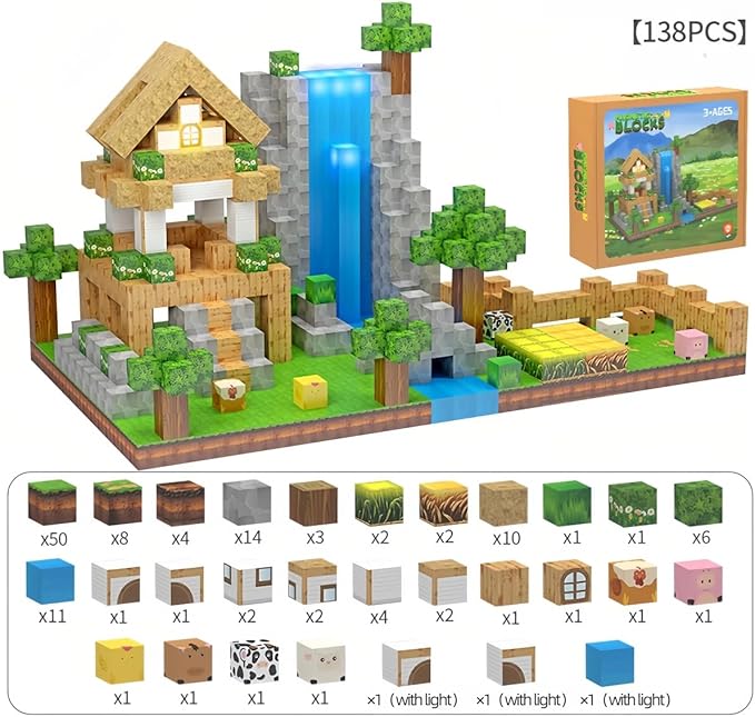 138 Pcs Magnetic Building Blocks, Enhance STEM Learning, Creative Play & Logical Thinking, Durable & Vibrant Color with Light Up Blocks, Ideal for Classroom & Screen-Free Entertainment (Forest Farm)