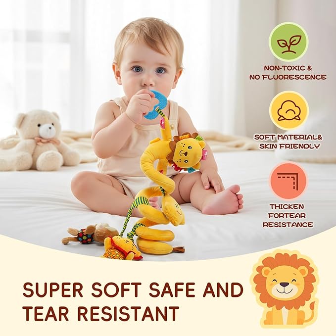 Jollybaby Crib Stroller Car Seat Toys for Baby 0-3-6-9-12 Months, Tummy Time Hanging Sensory Toys for Newborn with Music Box and Teether, Spiral Carseat Toy for Baby Boys Girls Gifts (07-Little Lion)