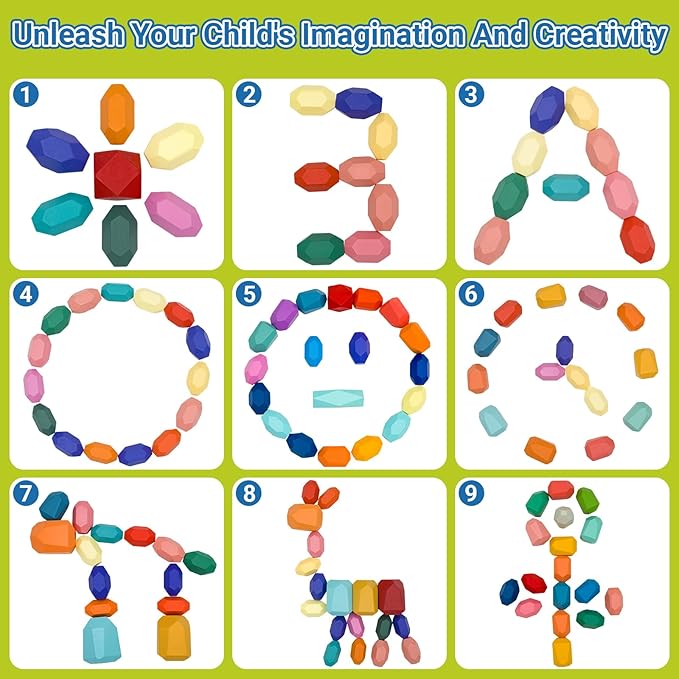 58PCS Montessori Wooden Stacking Rocks Toys Colorful Stacking Stones Building Blocks Games Sensory Toy for Toddlers Educational Learning Toys for 1 2 3 4 5 6 Years Old Kids