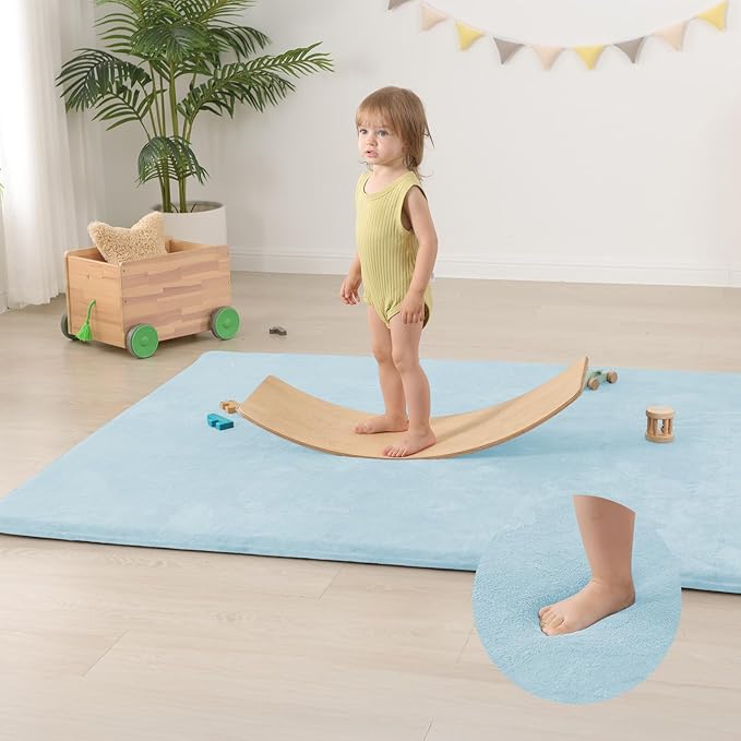 Baby Play Mat for Floor,1.3" Thick Elasti-Foam 50"×74" Playpen Mat for Tummy Time,Water Repellent Soft Coral Velvet for Toddler,Infant,Kids,Non-Slip Backing Safe for Crawling(Light Blue)