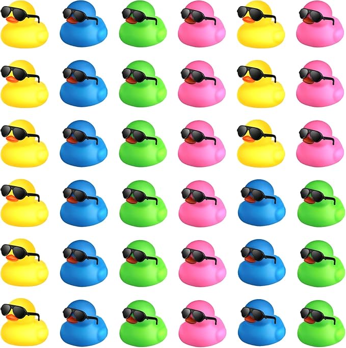 Chivao 36 Pcs Mini Rubber Ducks with 36 Sunglasses Rubber Ducks in Bulk Bathtub Duckies Toys for Kids Christmas Valentine Gifts Birthday Party Favors Cruise(Colored,Duck with Sunglasses)