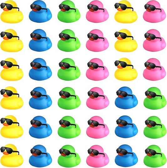 Chivao 36 Pcs Mini Rubber Ducks with 36 Sunglasses Rubber Ducks in Bulk Bathtub Duckies Toys for Kids Christmas Valentine Gifts Birthday Party Favors Cruise(Colored,Duck with Sunglasses)