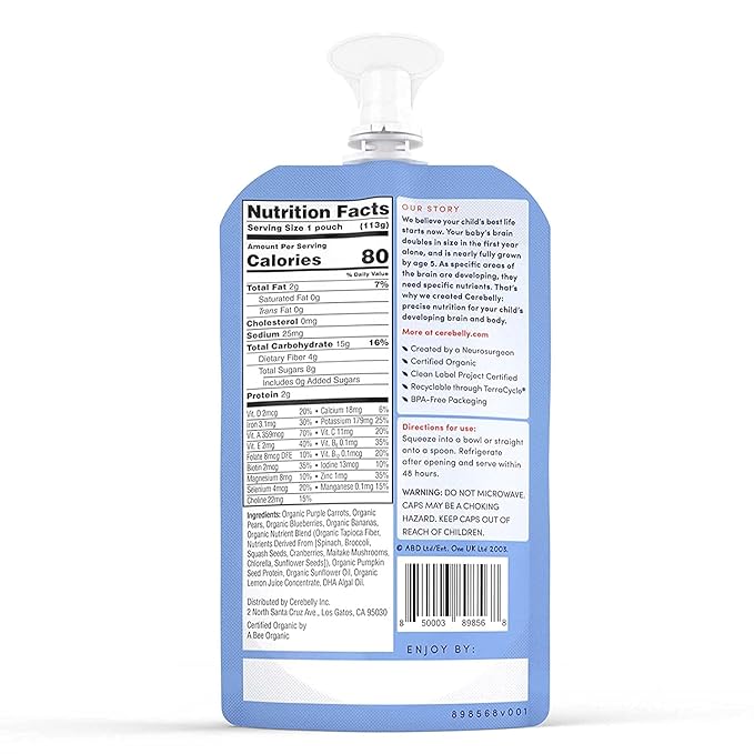 Cerebelly Organic Baby Food Pouches – Organic Purple Carrot Blueberry Pouch Protein, Healthy Fats, Non-Gmo Baby Food Meals 4 Ounce Bpa-Free Toddler Purees, 1 Count