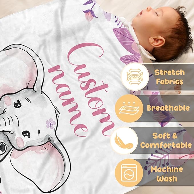 Custom Baby Blanket, Personalized Baby Blankets with Name for Infant Girl Boy, Flannel Double Layer Dotted Backing Receiving Swaddle Blanket, Purple Elephant Toddler Customized Gifts(30"x40")