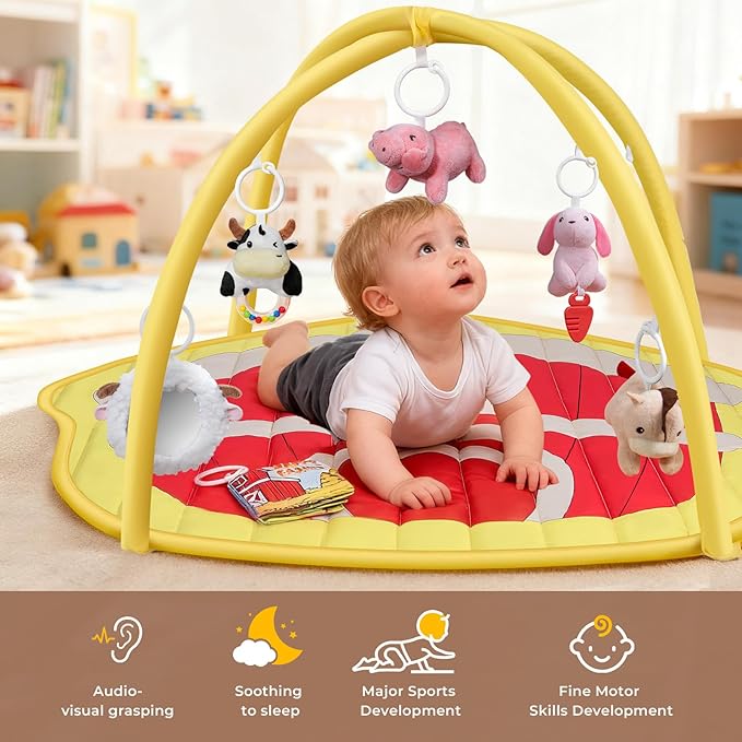 IPOZITO Baby Play Mat with Hanging Rattles, Baby Activity Mat for Sensory Development, Baby Tummy Time Play Mat to Improve Motor Skills and Visual Tracking