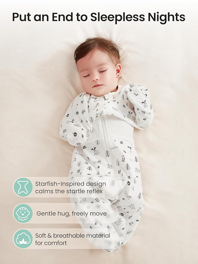 GROWNSY Transitional Swaddle Sleep Sack 6-12 Months, Starfish Design Baby Swaddle Sack, Dual-Zipper for Easy Diaper Changes, Proper Hip Development & Openable Foot Button, 19-27 lbs, Munchkin Forest