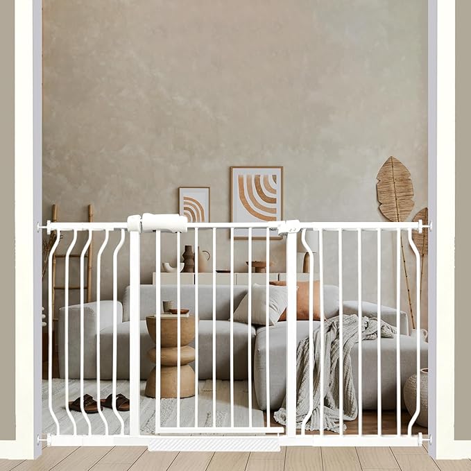 53-57.5 Inch Extra Wide Baby Gate, Auto Close Pet Gate, Pressure Mounted No Drill for Wide Stairs & Doorways, White Metal with Extension Kit