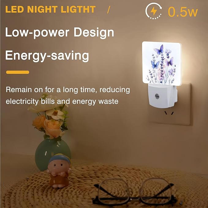 Night Light Watercolor Lavender Flower with Butterfly Night Lights Plug into Wall Smart Dusk to Dawn Sensor 0.5W Energy Efficient Led Lamp for Men Women Bedroom Hallway Stairway Decor