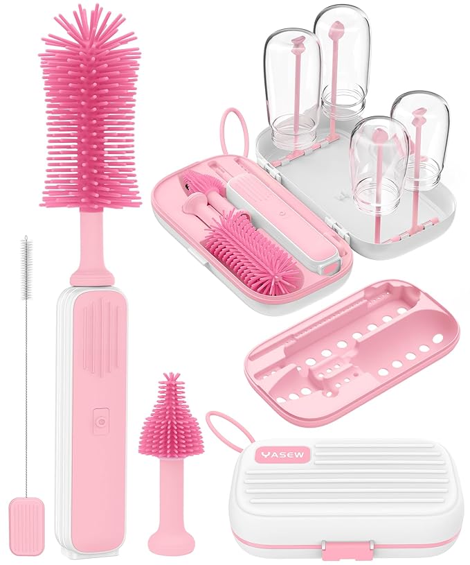 Electric Baby Bottle Brush Cleaner, Baby Travel Bottle Cleaner Kit- 2000mAh Rechargeable Silicone Brush, Drying Rack, Compact Storage Box, 360° Efficient Cleaning Bottle Brush for Home & On-The-Go