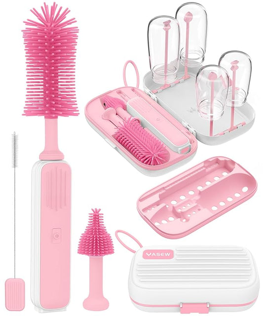 Electric Baby Bottle Brush Cleaner, Baby Travel Bottle Cleaner Kit- 2000mAh Rechargeable Silicone Brush, Drying Rack, Compact Storage Box, 360° Efficient Cleaning Bottle Brush for Home & On-The-Go