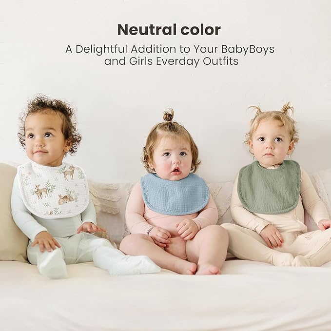 Konssy 10-Pack Muslin Baby Bibs, Soft Cotton Bandana Bibs for Drooling & Teething, Unisex Solid Colors for Boys & Girls, Newborn & Infant