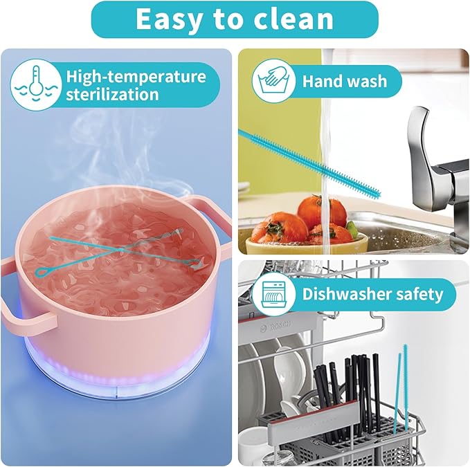 2Pcs Silicone Straw Cleaner Brush, 9.84in Reusable Straw Cleaner with Bendable Steel Core, Extra Long Soft Bottle Brush for Clearing Glass Straws, Smoothie Straws, 9mm&6mm (Blue)