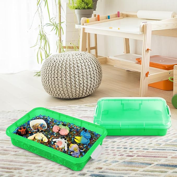 15Inch Portable Sensory Bin Play Tray with Lid, Fill with Water, Sand, Beads and More (Green)