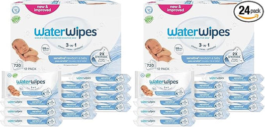 WaterWipes Sensitive+ Newborn & Baby Wipes, 3-In-1 Cleans, Cares, Protects, 99.9% Water, Unscented & Hypoallergenic, 1440 Count (24 Packs)